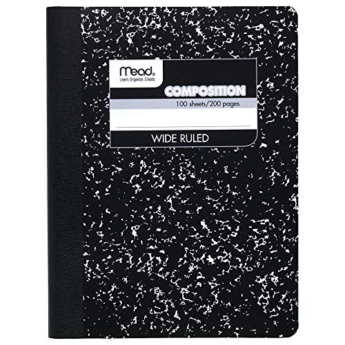 Mead Composition Notebook, Comp Book, Wide Ruled Paper, 100 Sheets, 9-3/4" x 7-1/2", Classic Black Marble (09910)