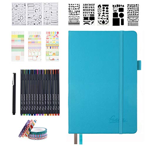 Feela Bullet Dotted Journal Kit, Feela A5 Dotted Bullet Grid Journal Set  with 224 Pages Teal Notebook, Fineliner Colored Pens