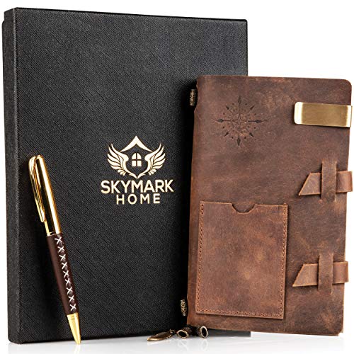 Skymark Home Leather Journal Handmade Travel Notebook - Medium Size 7 x 4.8 inch Vintage Antique Diary Writing Notepad for Men & Women,