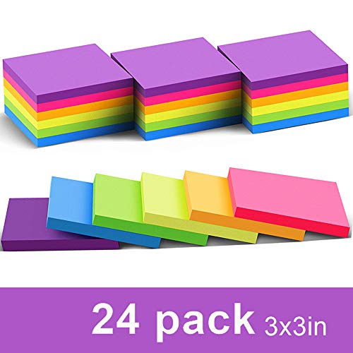 Vanpad (24 Pack) Sticky Notes 3x3 in Post Bright Stickies Colorful Super Sticking Power Memo Pads, Strong Adhesive, 70 Sheets/pad