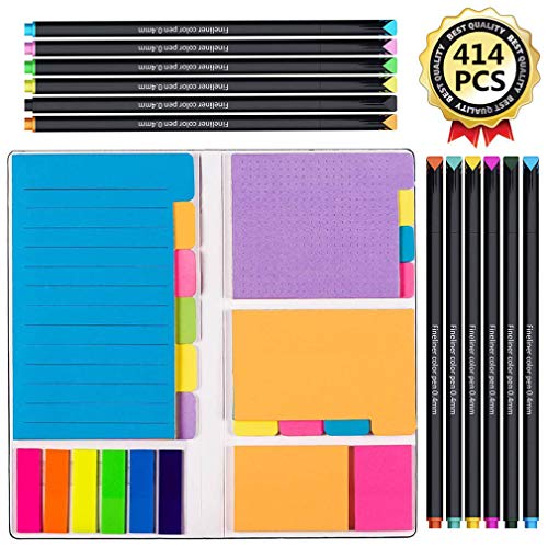 Vicnova Large and Small Sticky Notes Set with Fineliner Color Pens Set- 60 Ruled Lined Notes 4x6, 48 Dotted Notes 3x4, 48