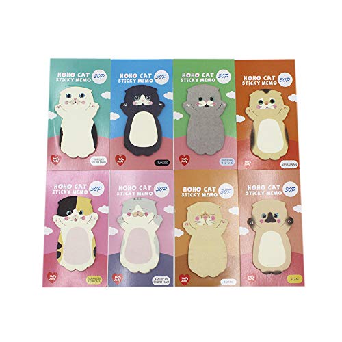 KINGSEVEN Cute Cartoon Cat Sticky Notes Kitten Self-Stick Note Memo Pad Sets Gift for Cat Lovers Kids Students,Pack of 8
