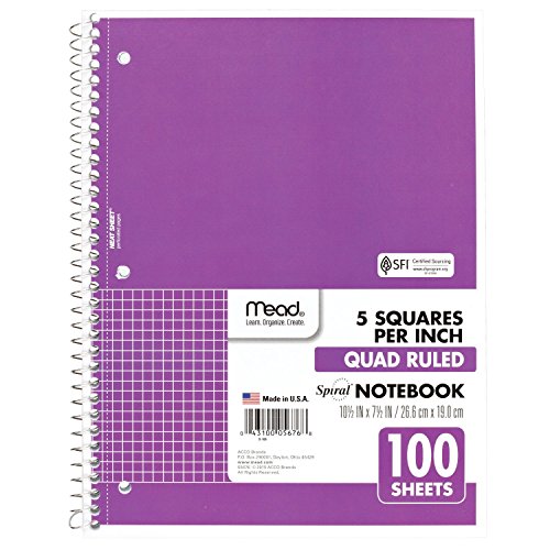 Mead Spiral Notebook, 1 Subject, Quad Ruled, 100 Sheets, 10-1/2" x 8", Purple (05676BA7)