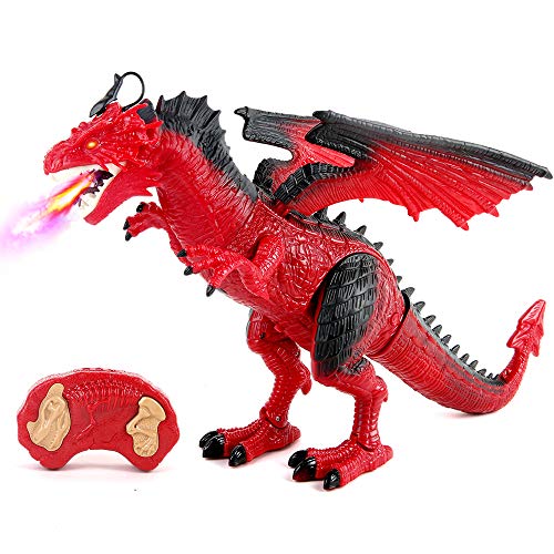 beebeerun Remote Control Dinosaur, Red Dragon Figures Learning Realistic Looking Large Size with Roaring Spraying Light Up Eyes RC