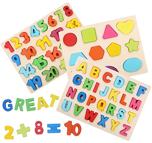 Voamuw 3-Pack Wooden Puzzle Boards Kid Toys Set - Big Numbers Shapes Alphabet ABC Toddlers Peg Puzzles for Boys Girls' Preschool