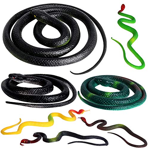 Outee 7 Pcs Realistic Rubber Snakes, Fake Snakes Black Snake Toys for Garden Props to Scare Birds, Squirrels, Scary Gag