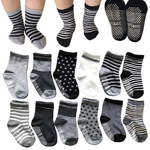 monochef Kakalu 12 Pairs Non Skid Ankle Cotton Socks Baby Walker Boys Girls Toddler Anti Slip Stretch Knit Stripes Star Footsocks