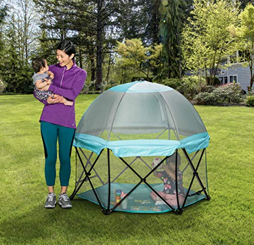 Regalo My Play Portable Play Yard Indoor and Outdoor with Full Coverage Canopy and Carry Case, Adjustable/Washable, Aqua,
