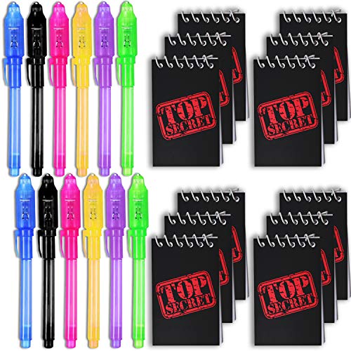 HeroFiber Invisible Ink Spy Pen with UV light (12 Pack) + Mini"TOP SECRET" Notepads (12 Pack). - Perfect Favor for Spy parties,