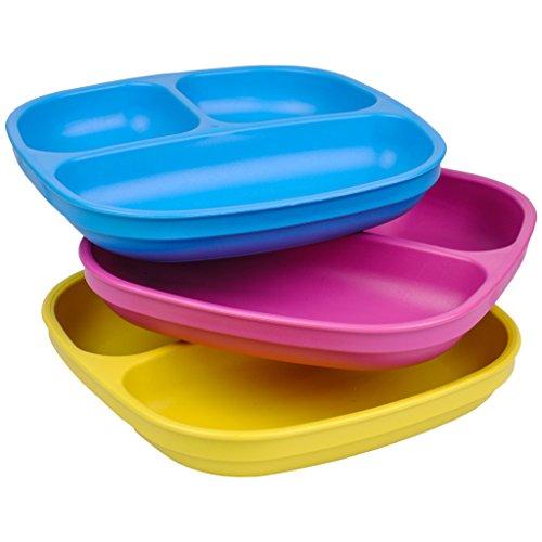 Re Play Re-Play Made in USA 3pk Divided Plates with Deep Sides for Easy Baby, Toddler, Child Feeding - Sky Blue, Bright Pink & Yellow
