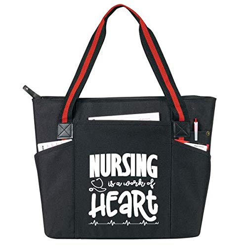 Brooke & Jess Designs Large Nursing Tote Bags for Nurses - Perfect for Work, Gifts for CNA, RN, Nursing Students (Nursing Work of Heart Black)