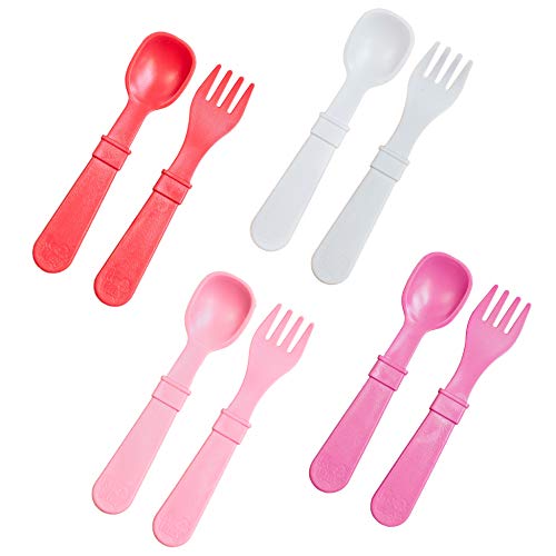 Re Play Re-Play Made in USA 8pk Toddler Feeding Utensils for Easy Baby, Toddler, Child Feeding - Red, Bright Pink, Blush, White