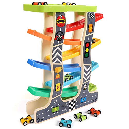 Lewo Toddler Toys Wooden Ramp Racer for 1 2 3 Year Old Girls Boys Wood Race Track with 8 Mini Cars