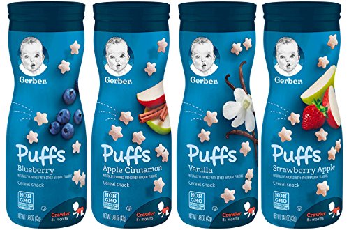Gerber Graduates Puffs Cereal Snack, Variety Pack Of 4 Each 1.48 Oz.(Blueberry, Apple Cinnamon, Vanilla, Strawberry Apple)