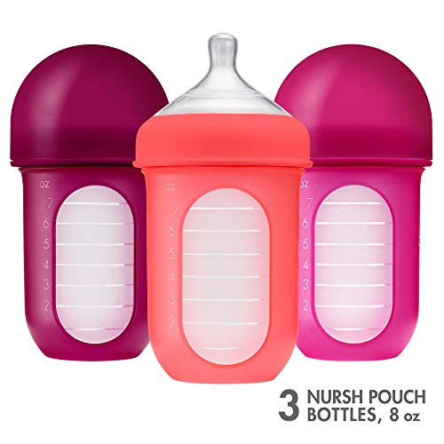 Boon Nursh Stage 2 Medium Flow Reusable Silicone Baby Bottles with Collapsible Silicone Pouch Design - Everyday Baby Essentials 