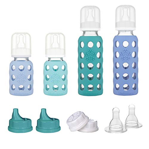 Lifefactory 4 Bottle Starter Set, (2) 4-Ounce Baby Bottle in Mint/Blanket, (2) 9-Ounce Baby Bottle in Kale/Blueberry, (2)