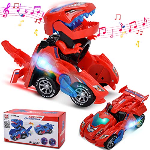 Villana Transforming Dinosaur Toys, Transforming Dinosaur Car with LED Light and Music Automatic Transform Dino Cars for 2+