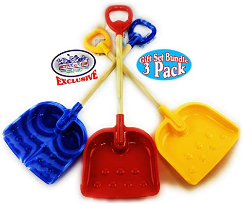 Matty's Toy Stop 28" Heavy Duty Wooden Snow Shovels with Plastic Scoop & Handle for Kids Red, Yellow & Blue Swirl Gift Set