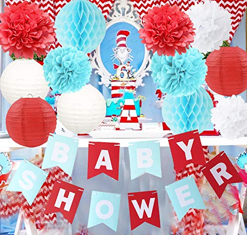 Qian's Party Dr Seuss Cat in The Hat Party/Airplane/Dr Suess Baby Shower Decorations Blue White Red Tissue Paper Flower Honeycomb