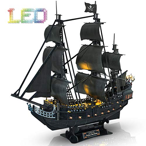 Cubicfun 3D Puzzles Pirate Ship with LED Light Queen Anne's Revenge, Sailboat Vessel Model Kits Puzzles for Adults and