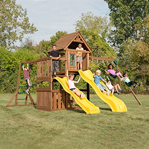 Swing-N-Slide WS 8356 Wooden Timberview Play Set with Two Slides, Monkey Bars, Wood Roof, Climbing Wall and Swings, Wood