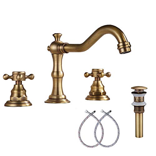 GGStudy 8-16 inch Two Handles 3 Holes Widespread Bathroom Sink Faucet Antique Brass Basin Mixer Tap Faucet Matching Metal Pop
