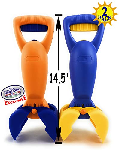 Matty's Toy Stop 14.5" Plastic Sand Grabber Claw Scoops for Sand & Beach (Blue/Yellow & Orange/Blue) Gift Set Bundle - 2 Pack