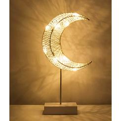 Lewondr Decorative Table Lamp, Battery Powered Christmas Moon Shape Ramadan Desk Lamp, Winding Thread Warm LED Crescent Light Xm