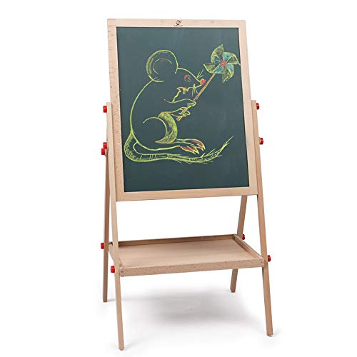 Didcant 2 in1 Wooden Kids Easel Double-Sided Adjustable Chalk Drawing Blackboard & White Dry Erase Surface with Bonus Magnetic