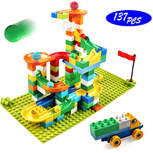 Klobroz Marble Run Building Blocks, 137 PCS Classic Big Blocks STEM Toy Bricks Set Kids Race Track Compatible with All Major Brands