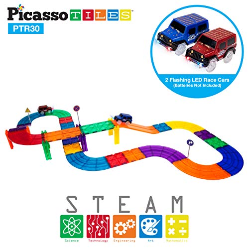 PicassoTiles 30 Piece Race Car Track Building Block Educational Toy Set Magnetic Tiles Magnet DIY Playset 2 Light Up Car STEM