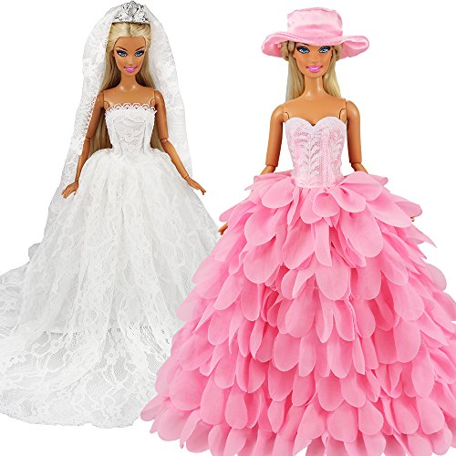 BARWA White Wedding Dress with Veil and Pink Princess Evening Party Clothes Wears Gown Dress Outfit with Hat for 11.5 Inch