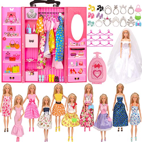 SOTOGO Doll Closet Wardrobe Set for Barbie Clothes Storage Including  Clothes, Shoes, Bags, Necklace, Hangers, Trunk, Wardrobe