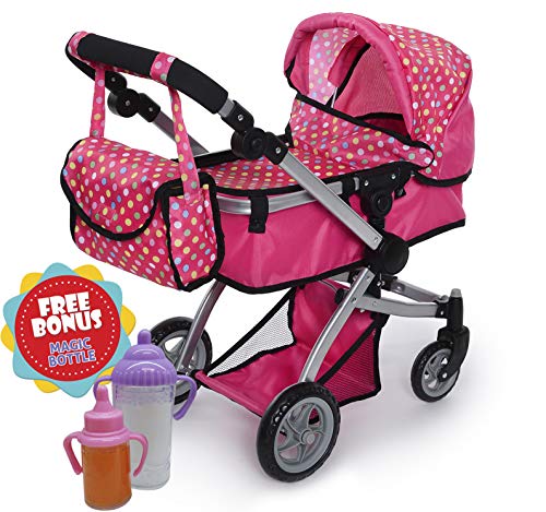 Exquisite Buggy | Foldable Pram For Baby Doll With Polka Dots Design With Swiveling Wheel Adjustable Handle With 2 Free Magic