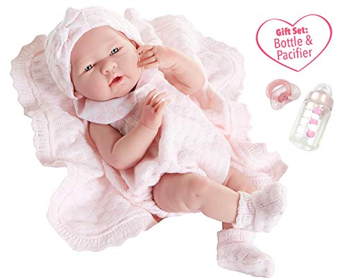 JC Toys La Newborn All-Vinyl-Anatomically Correct Real Girl 15" Baby Doll in Pink Knit Outfit and Accessories, Designed by