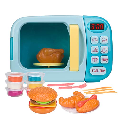 Christoy Chrisoty Microwave Kitchen Play Set for Kids with Pretend Fake Food - Toy Great for Toddlers 3 and Older Grils and Boys (Blue)