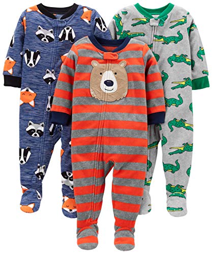 Simple Joys by Carter's Boys' 3-Pack Loose Fit Flame Resistant Fleece Footed Pajamas, Bear/Alligator/Fox/Racoon, 18 Months