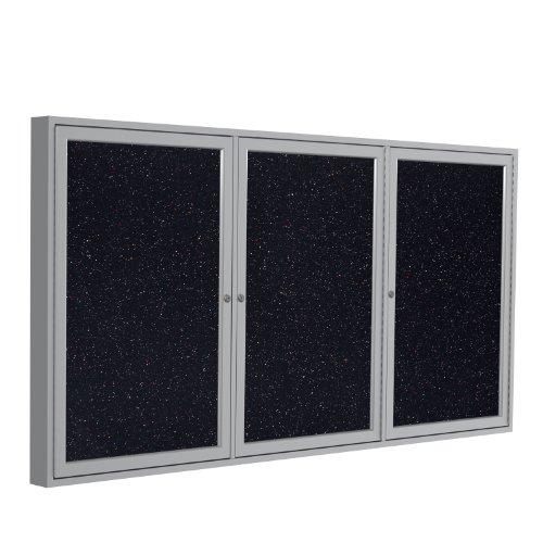Ghent 36"x72" 3-Door indoor Enclosed Recycled Rubber Bulletin Board, Shatter Resistant, with Lock, Satin Aluminum Frame,