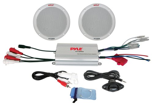 Pyle Marine Receiver Speaker Kit - 2-Channel Amplifier w/ 6.5â€ Speakers (2) Waterproof Poly Bag 3.5mm Jack RCA Adaptor for