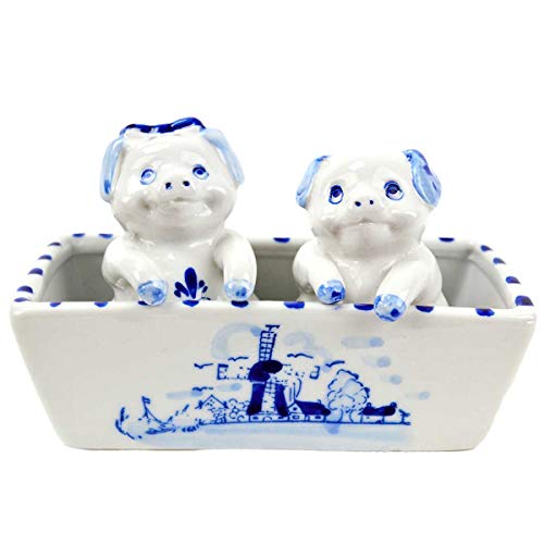 Essence of Europe Gifts E.H.G Ceramic Delft Colored Pigs in Trough Collectible Salt and Pepper Shakers Set by E.H.G