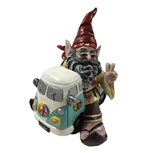 Nowaday Gnomes - The 60's Jerry Peace Man Hippie Gnome Riding in His VW Bus Home & Garden Gnome Statue 11" H