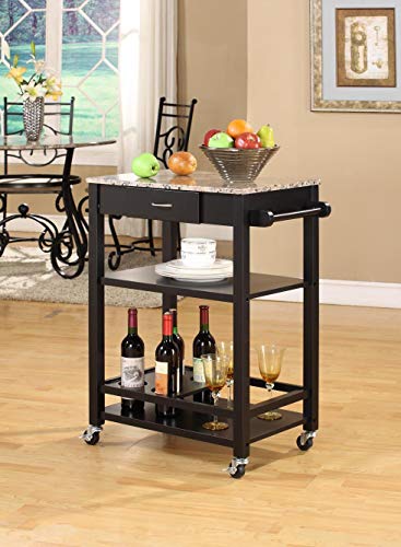 King's Brand Faux Marble with Wood Kitchen Buffet Serving Cart, Black Finish