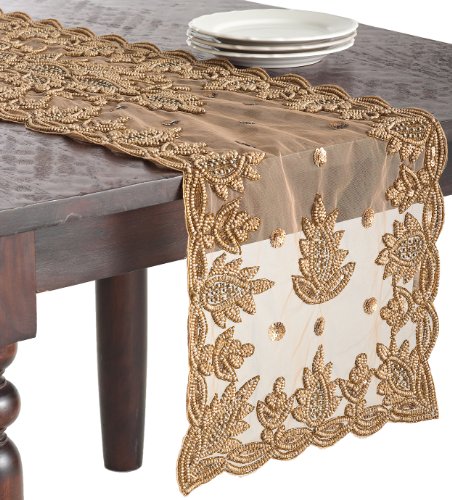 SARO LIFESTYLE Lakshmi Collection Beaded Table Runner, 16" x 72", Gold
