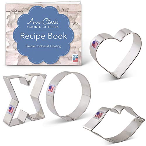 Ann Clark Cookie Cutters 4-Piece Valentine's Day Cookie Cutter Set with Recipe Booklet, Lips, Heart, Letter X & O