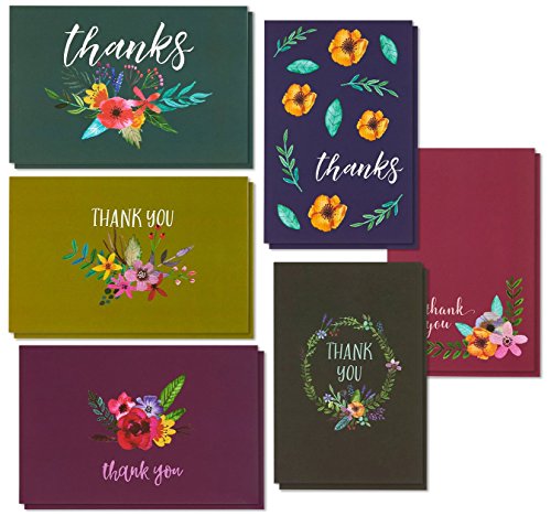 Best Paper Greetings Thank You Cards - 48-Count Thank You Notes, Bulk Thank You Cards Set - Blank on the Inside, 6 Jewel Toned Watercolor Flower