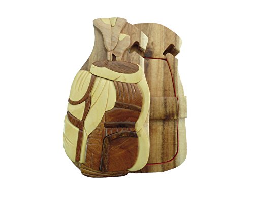 Carver Dan's Shop Golf Bag Golfing Tee Hand-Carved Puzzle Box with No Paints! No Stains! Hidden Felt Lined Interior That