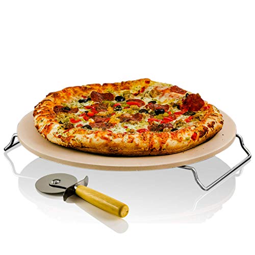 OVENTE Pizza Stone, Ceramic, 13", Thermal Shock Resistance, Multipurpose Rack/Handle, Free Crust Cutter Wheel (BW10132), 13