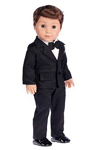 DreamWorld Collections Tuxedo - 5 Piece Tuxedo Set - Clothes Fits 18 Inch American Girl Doll - Black Jacket, Pants, Belt, White Shirt and Dress