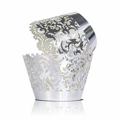 YOZATIA 60 Silver Vine Lace Cupcake Wrapper, Laser Cut Cupcake Liners for Weddings Birthdays Tea Parties and any Special