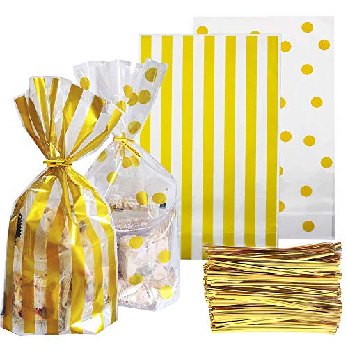 TIMOR 100 Pieces Clear Gold Polka Dot and Gold Striped Candy Bags (10 x 6 x 2.3 inch) with 200 Pieces Twist Ties for